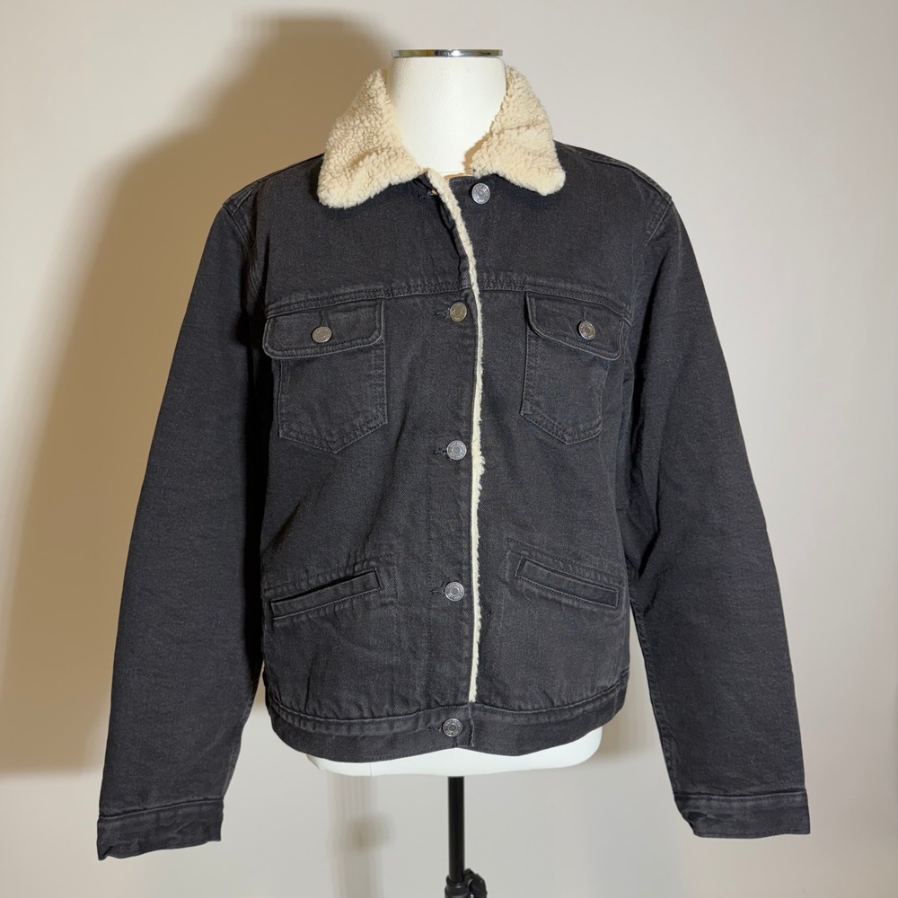 GAP Denim Sherpa Lined Trucker Jacket Black Wash Womens Size Large Vintage Style